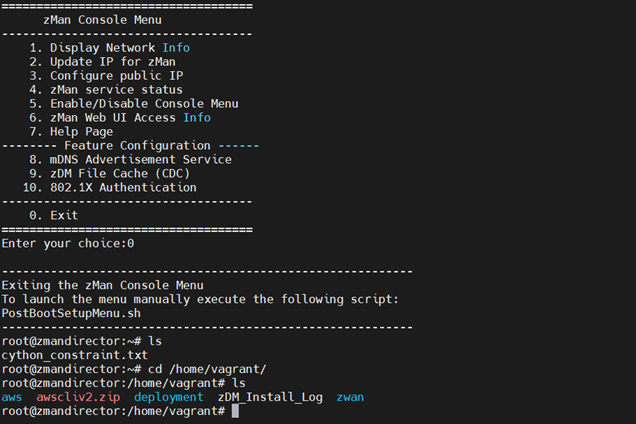 zMan Console Menu Exit Option