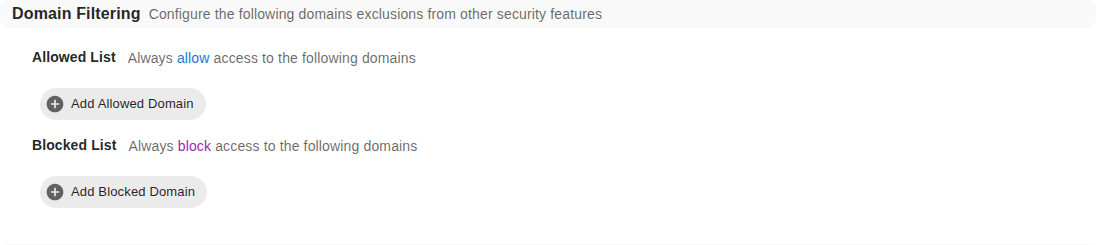 Domain Filtering page showing the Allowed List and Blocked List